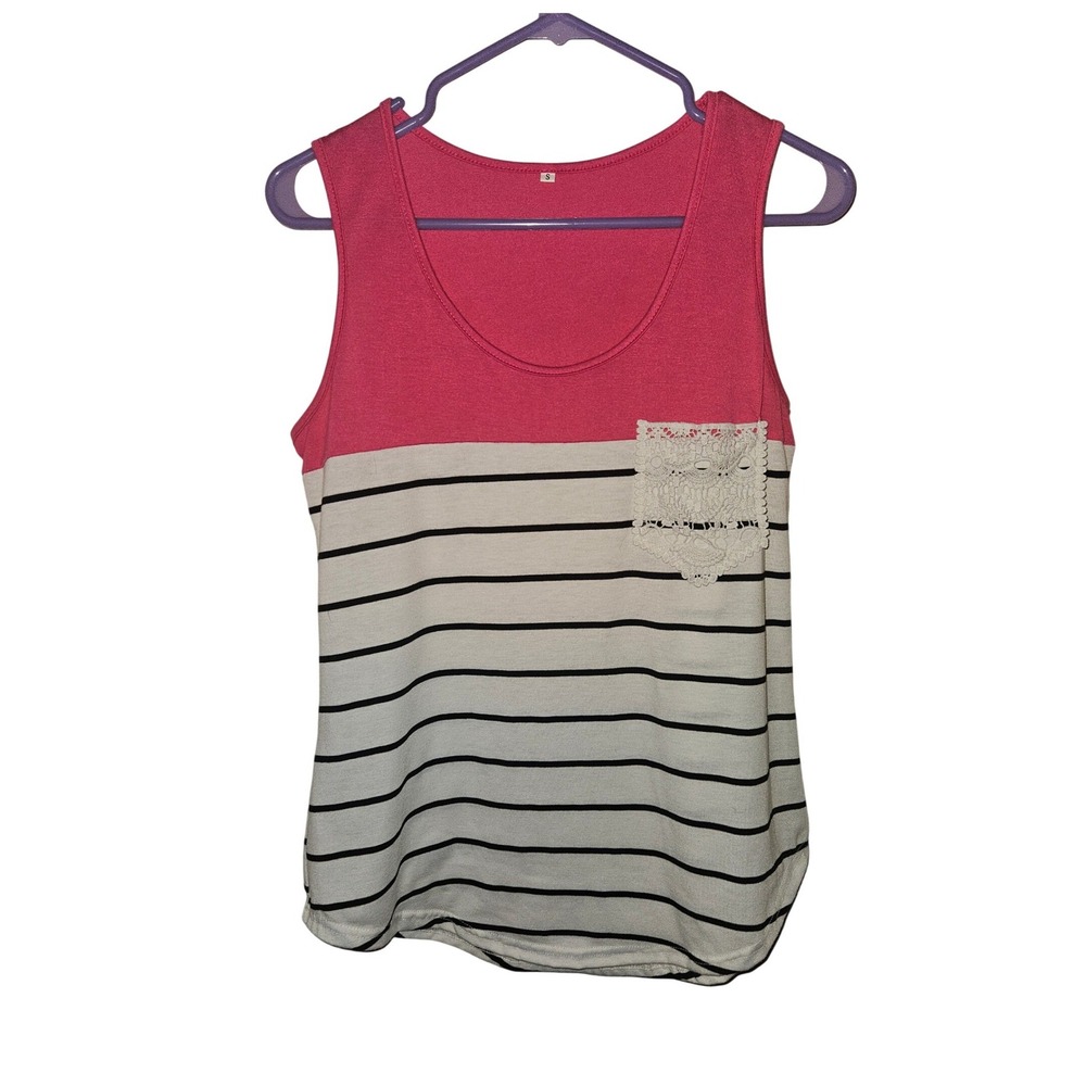 Women Casual Tank Top Size S Striped Crochet Pocket‎ Pink White Black Sleeveless